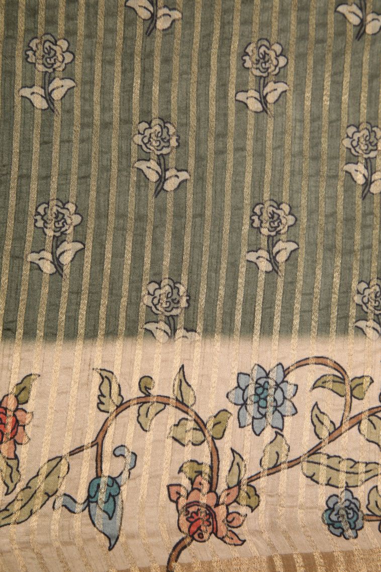 Sage Green Semi Raw Silk Printed Gold Zari with Zari Puttas view 3