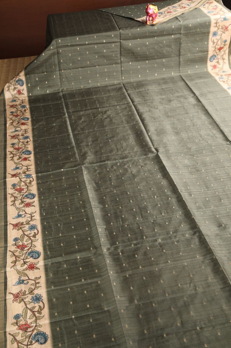 Sage Green Semi Raw Silk Printed Gold Zari with Zari Puttas view 2