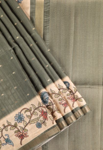 Sage Green Semi Raw Silk Printed Gold Zari with Zari Puttas