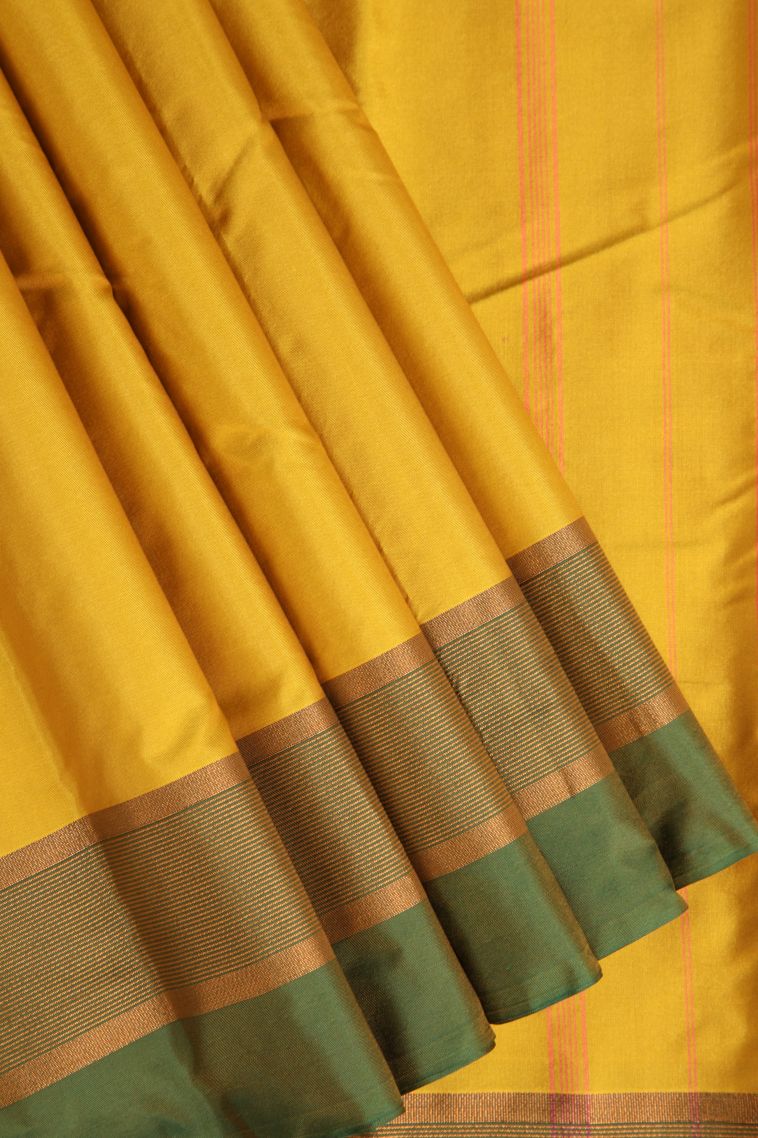Briht Yellow Arani Silk Sarees Gold Zari with Plain view 1