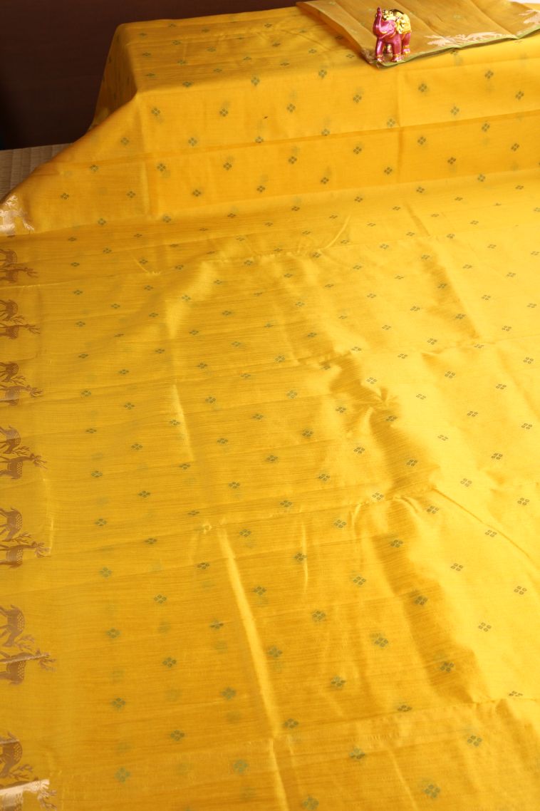 Briht Yellow Semi Tussar Silk with Gold Zari Buttis (small Dots Or Motifs) view 2