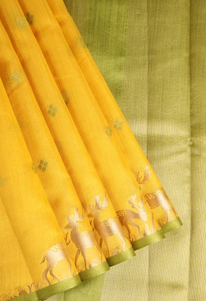 Briht Yellow Semi Tussar Silk with Gold Zari Buttis (small Dots Or Motifs)