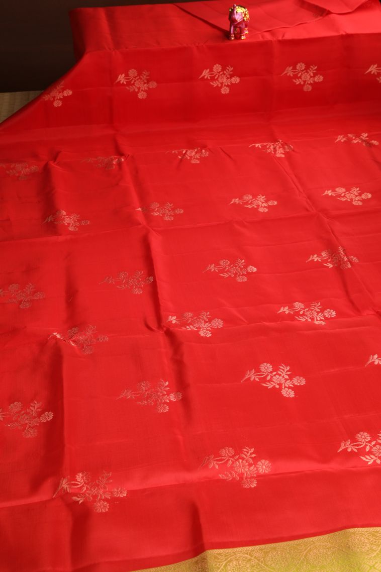 Rose  Red Soft Silk Saree with Copper Zari Floral Patterns view 2