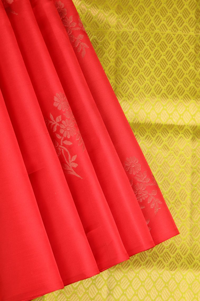 Rose  Red Soft Silk Saree with Copper Zari Floral Patterns view 1