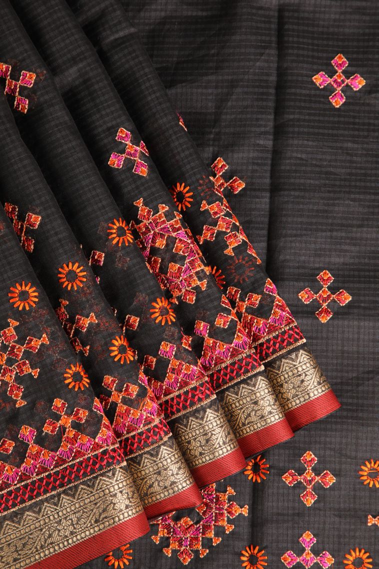 Charleston Black Manipuri Cotton Sarees Gold Zari with Floral Puttas