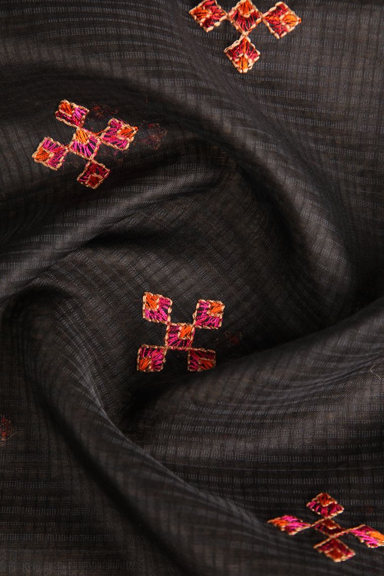 Charleston Black Manipuri Cotton Sarees Gold Zari with Floral Puttas view 4