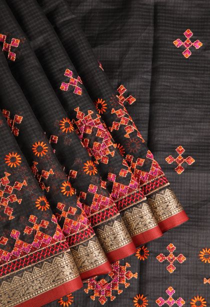 Charleston Black Manipuri Cotton Sarees Gold Zari with Floral Puttas