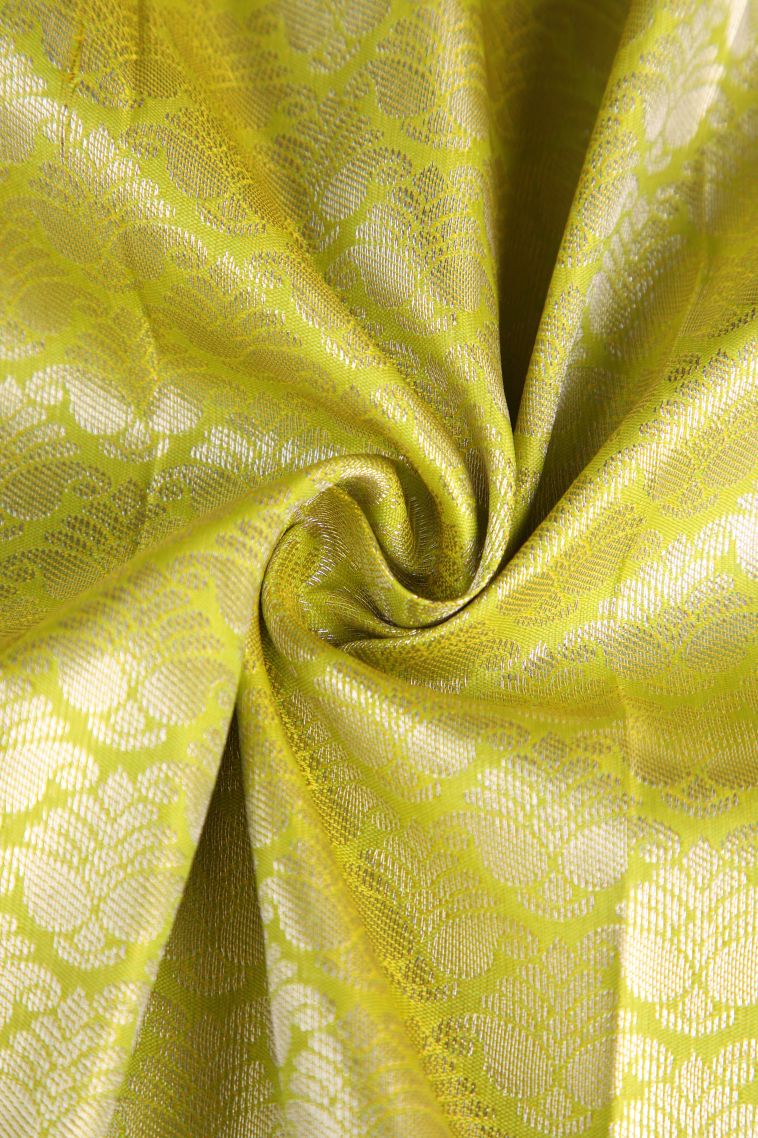 Lime Yellow Visiri Madippu Silk Sarees with Silver Zari Floral Puttas view 4