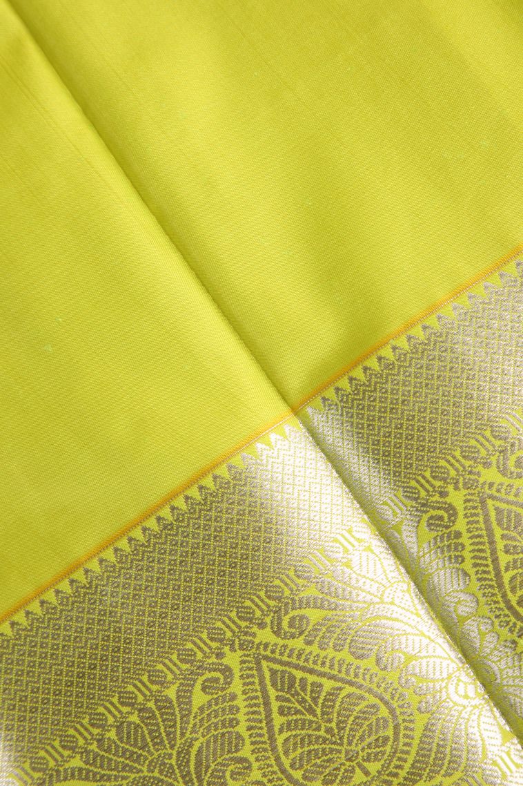 Lime Yellow Visiri Madippu Silk Sarees with Silver Zari Floral Puttas view 3