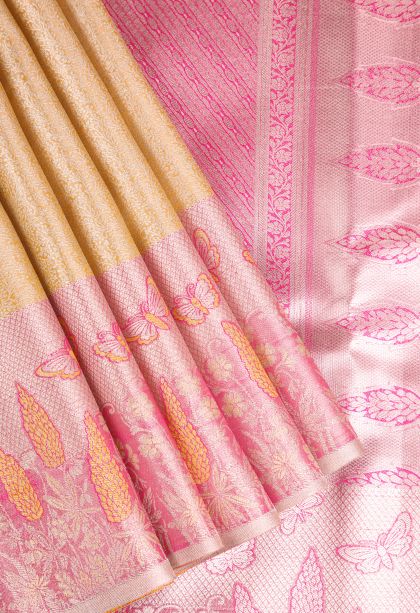 Merigold Orange Apoorva Silk Sarees with Silver Zari Floral Puttas