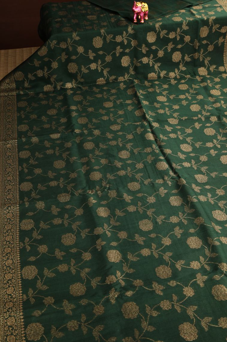 Basil Green Banaras Sarees Antic Zari with Floral Patterns view 2