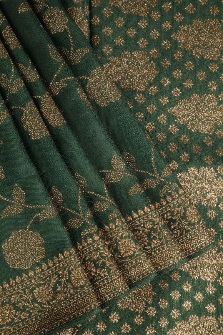 Basil Green Banaras Sarees Antic Zari with Floral Patterns view 1