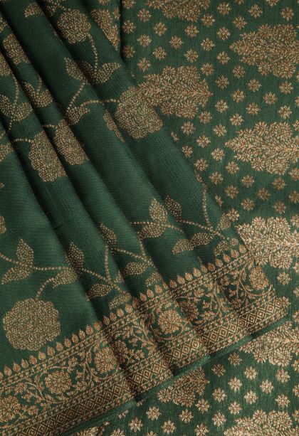 Basil Green Banaras Sarees Antic Zari with Floral Patterns
