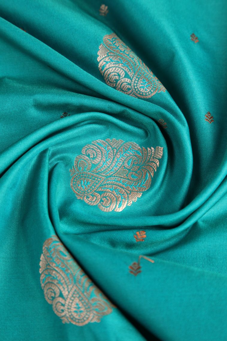 Teal Blue Apoorva Silk Sarees with Copper Zari Floral Puttas view 4