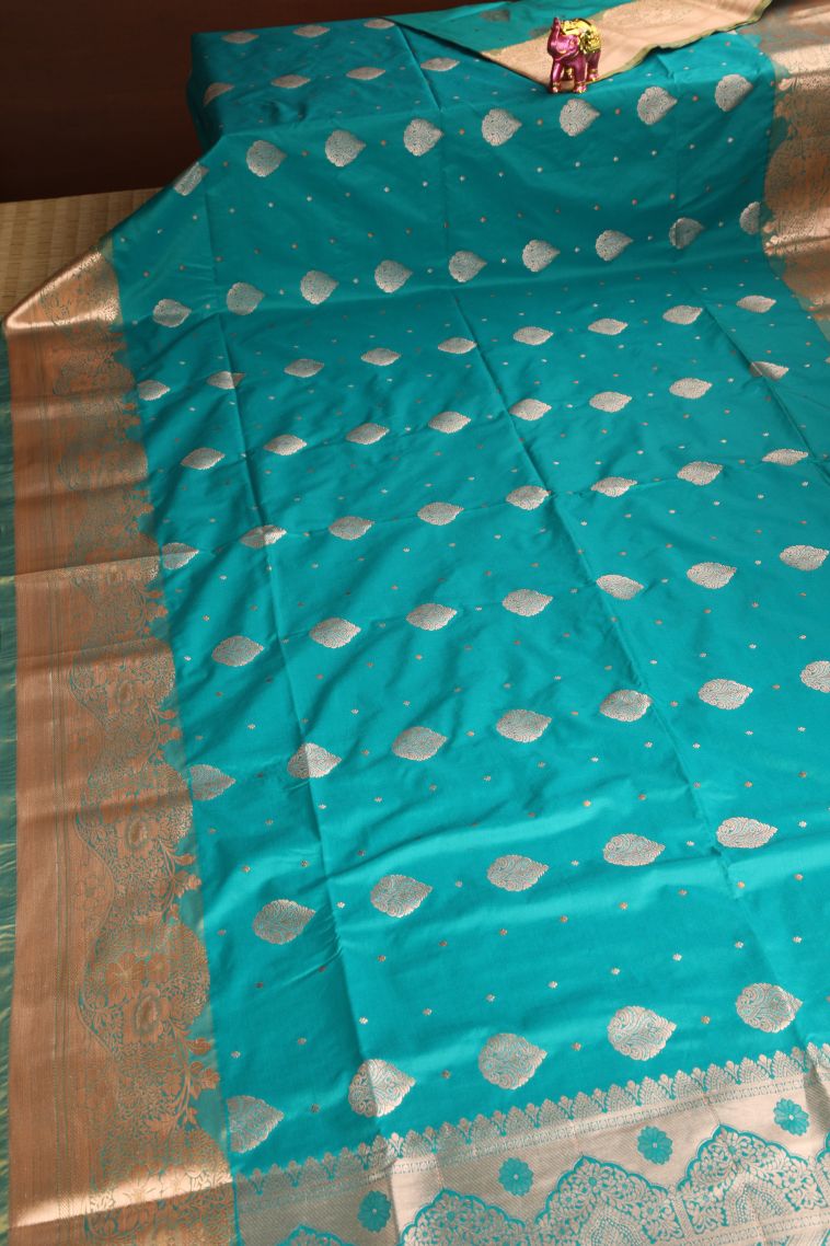 Teal Blue Apoorva Silk Sarees with Copper Zari Floral Puttas view 2
