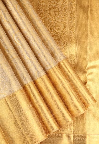 Gold Kanchipuram Silk Sarees with Gold And Silver Zari Manga