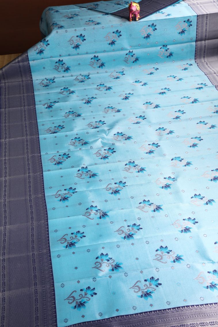 Sky Blue Visiri Madippu Silk Sarees with Silver Zari Floral Patterns view 2