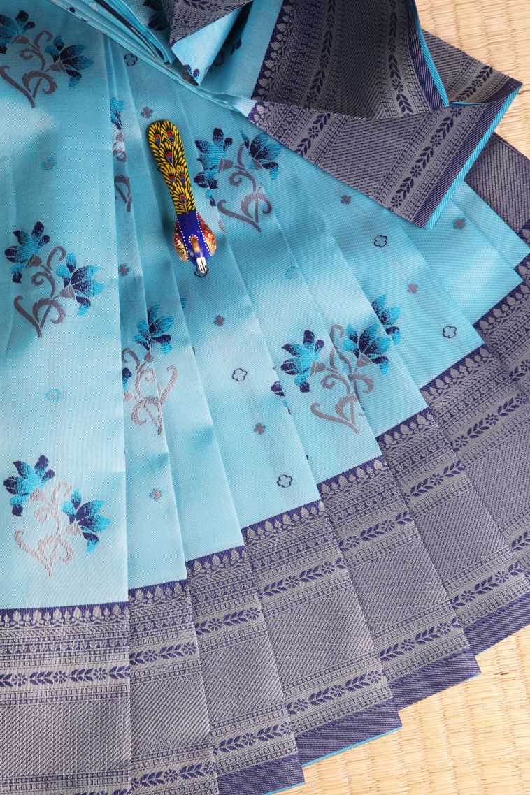 Sky Blue Visiri Madippu Silk Sarees with Silver Zari Floral Patterns view 1