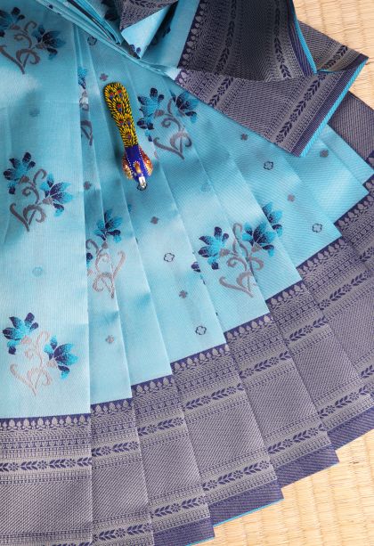 Sky Blue Visiri Madippu Silk Sarees with Silver Zari Floral Patterns