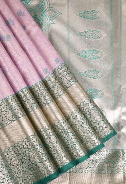 Blush Pink Apoorva Silk Sarees with Gold And Silver Zari Floral Puttas