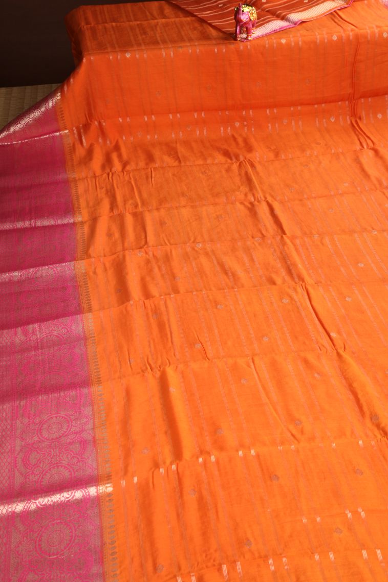 Carrot Orange Chanderi Cotton Sarees Antic Zari with Cross Straipes view 2