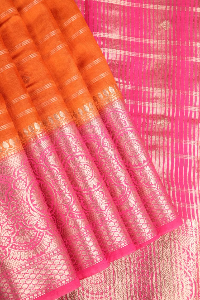 Carrot Orange Chanderi Cotton Sarees Antic Zari with Cross Straipes