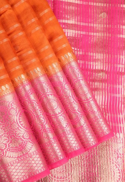 Carrot Orange Chanderi Cotton Sarees Antic Zari with Cross Straipes