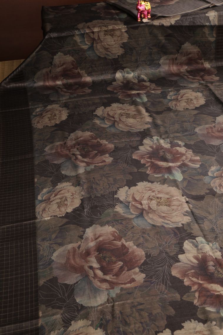 Mocha Brown Jute Sarees with Without Zari Zari Floral Patterns view 2