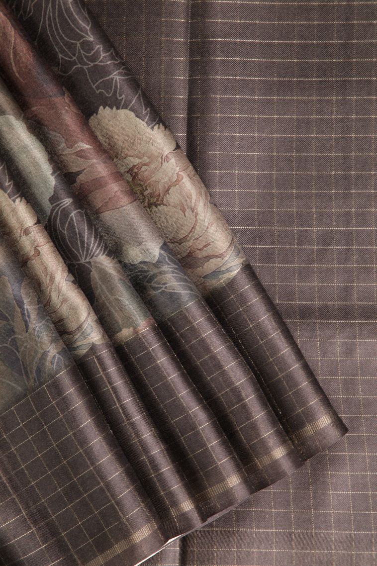 Mocha Brown Jute Sarees with Without Zari Zari Floral Patterns view 1