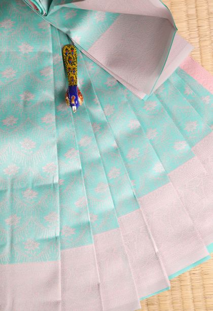 Mint Green Visiri Madippu Silk Sarees with Silver Zari Floral Patterns