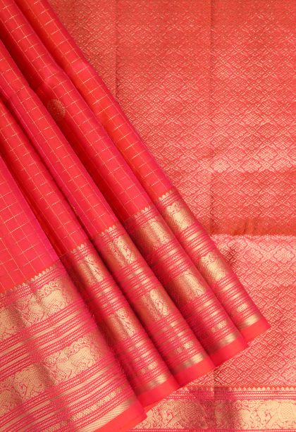 Rose  Red Soft Silk Saree with Gold Zari Rudhracham Mottif