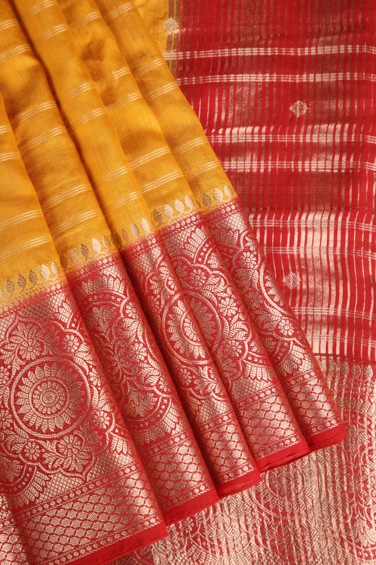 Merigold Orange Chanderi Cotton Sarees Antic Zari with Cross Straipes