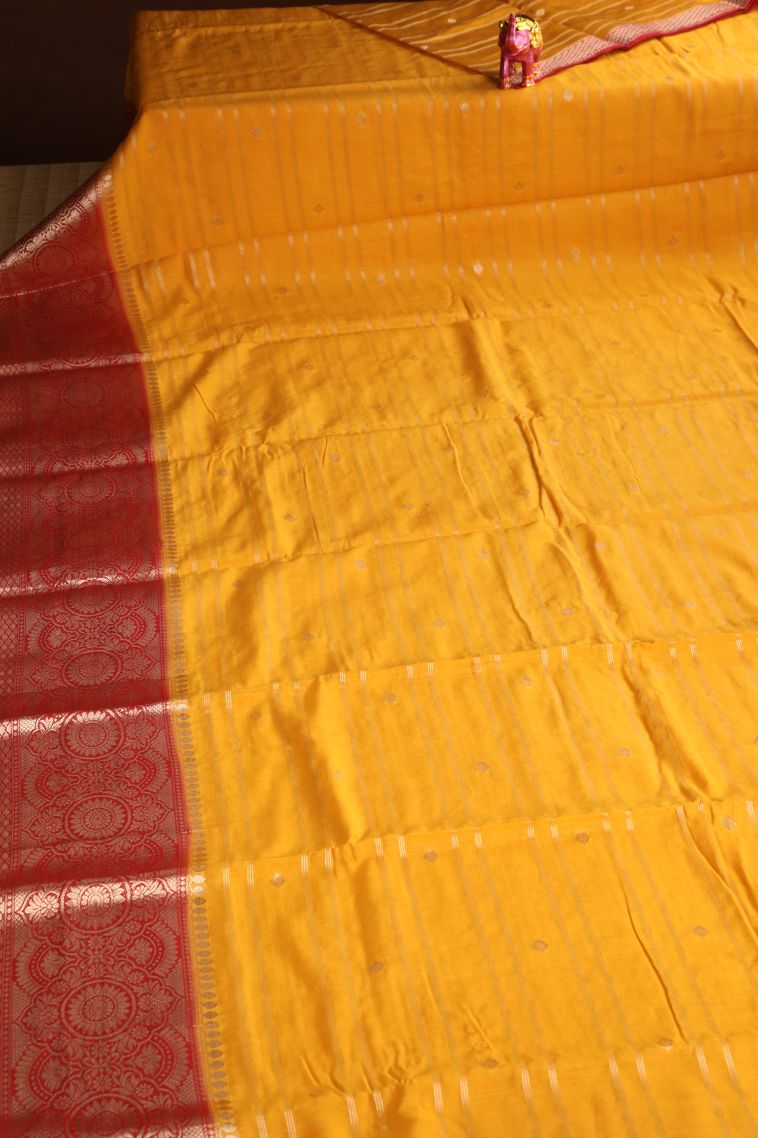 Merigold Orange Chanderi Cotton Sarees Antic Zari with Cross Straipes view 2