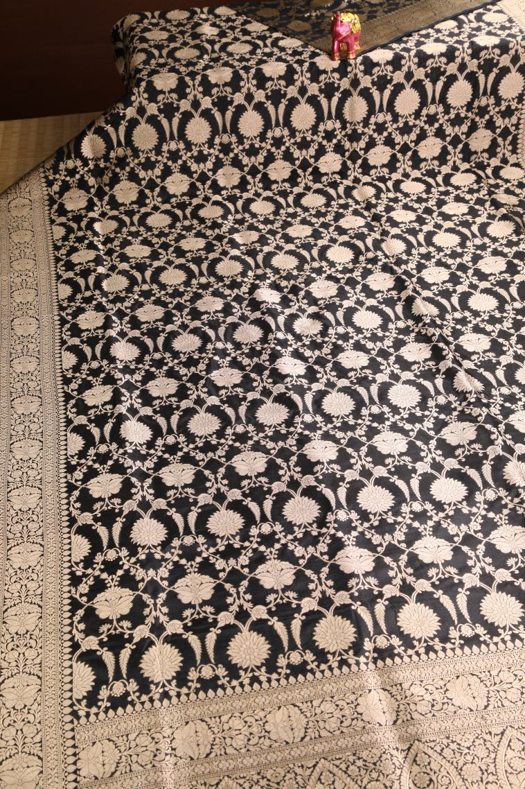 Jungle Black Banaras Silk Saree Gold Zari with Floral Patterns view 2