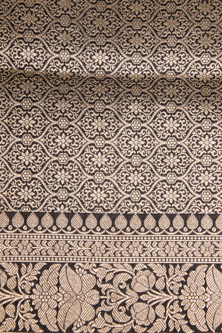 Jungle Black Banaras Silk Saree Gold Zari with Floral Patterns view 3