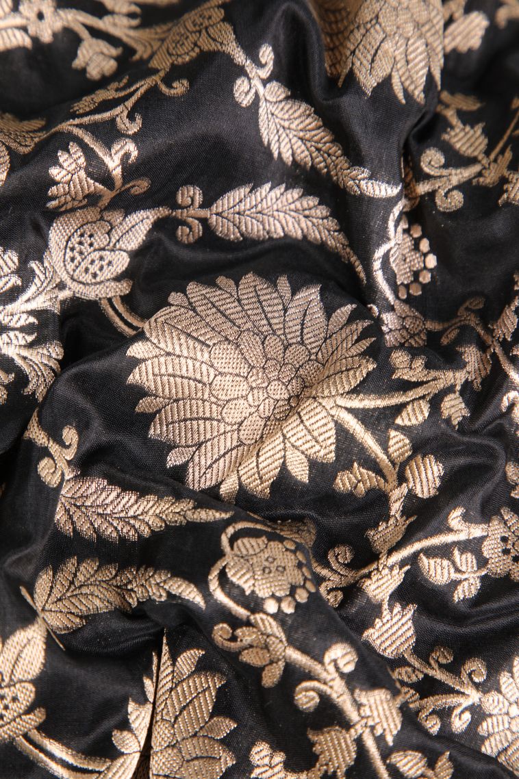 Jungle Black Banaras Silk Saree Gold Zari with Floral Patterns view 4