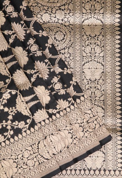 Jungle Black Banaras Silk Saree Gold Zari with Floral Patterns