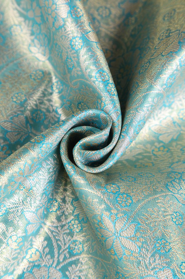 Teal Blue Apoorva Silk Sarees with Gold And Silver Zari Floral Patterns view 4