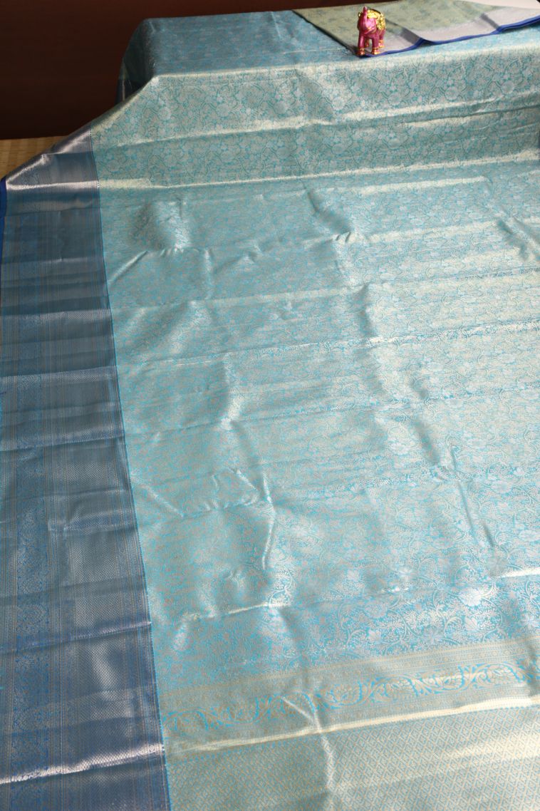 Teal Blue Apoorva Silk Sarees with Gold And Silver Zari Floral Patterns view 2