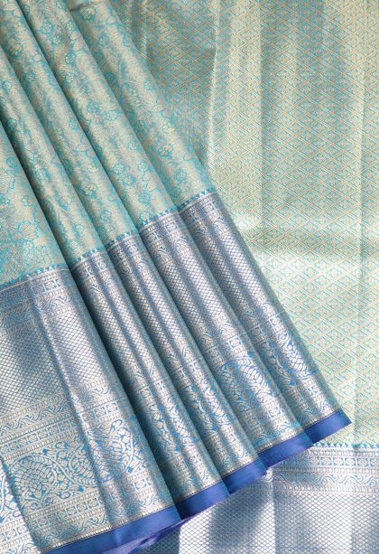 Teal Blue Apoorva Silk Sarees with Gold And Silver Zari Floral Patterns