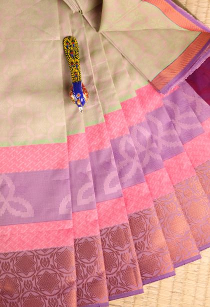 Olive Green Visiri Madippu Silk Sarees Copper Zari with Circle Mottif