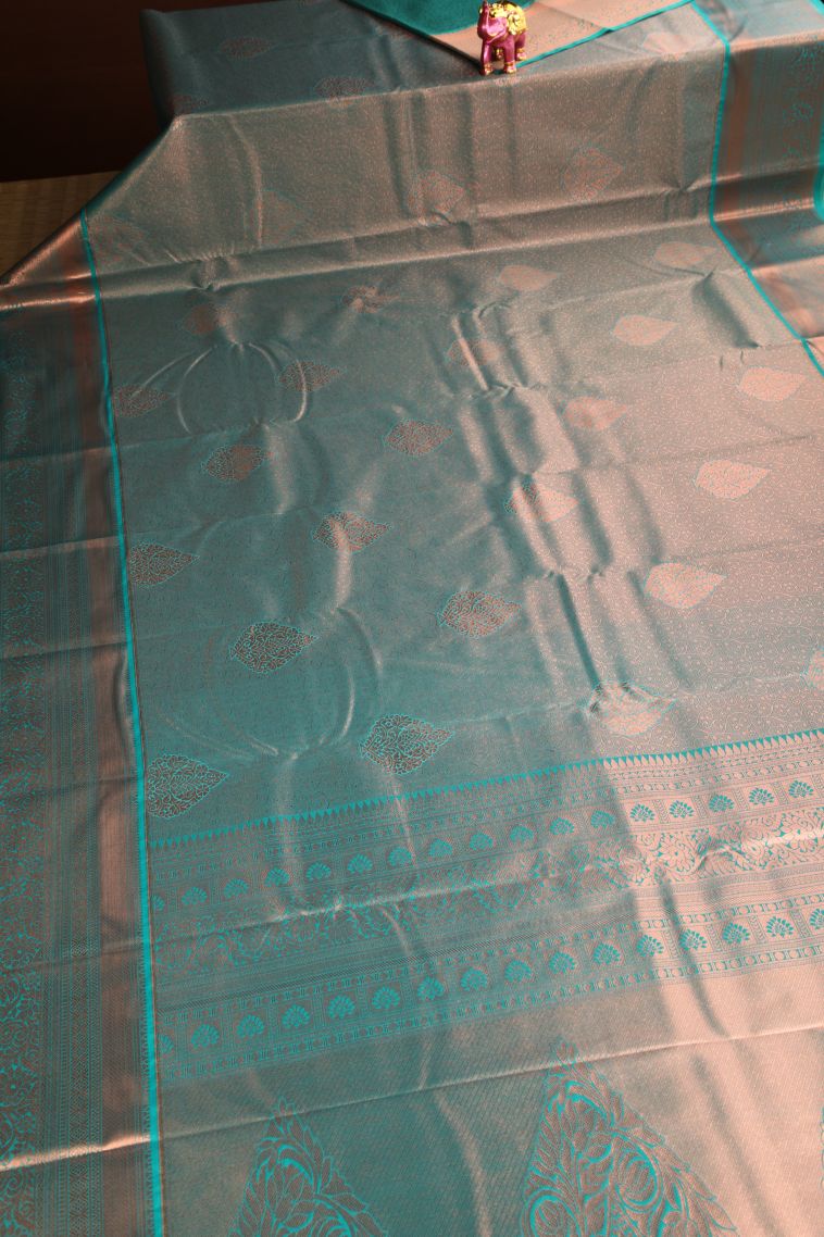 Teal Blue Apoorva Silk Sarees Copper Zari with Floral Patterns view 2