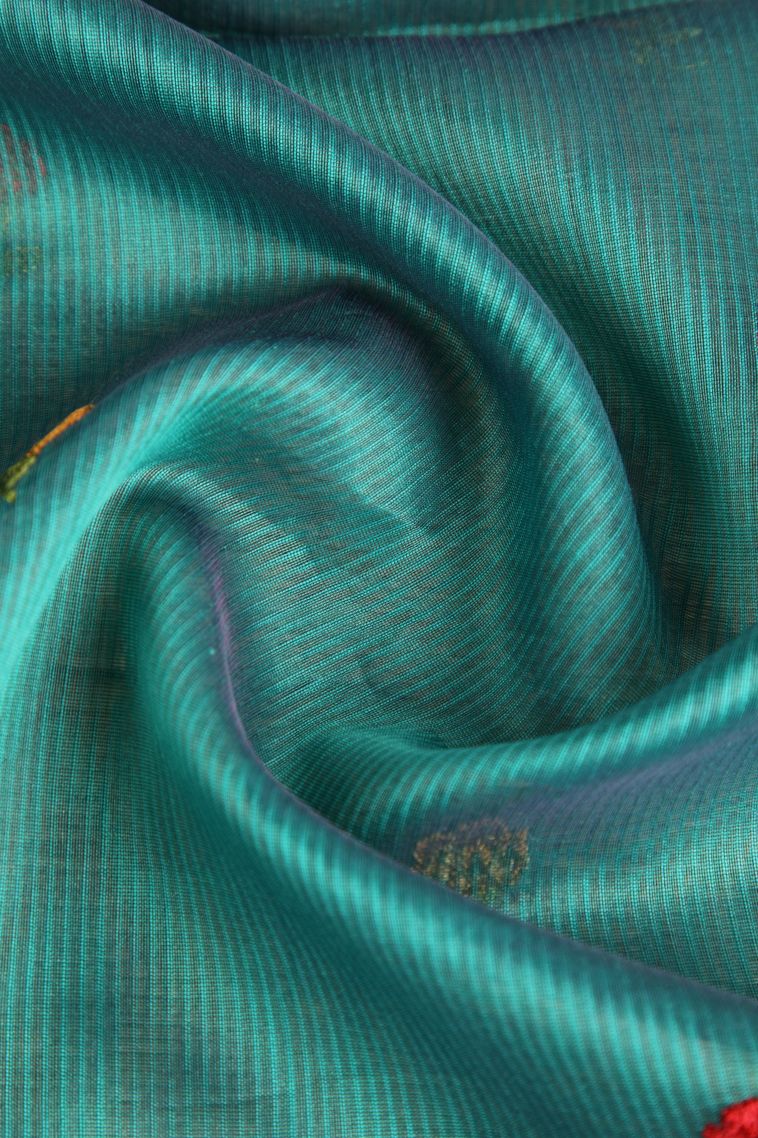 Teal Blue Manipuri Cotton Sarees with Silver Zari Floral Puttas view 4