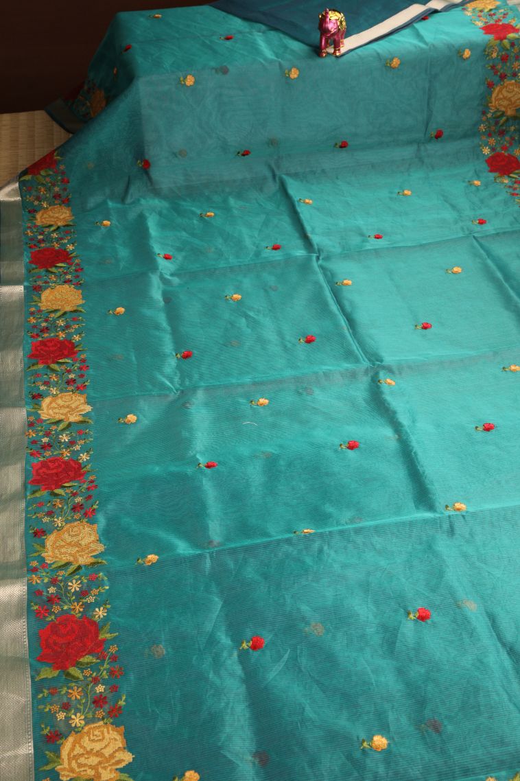 Teal Blue Manipuri Cotton Sarees with Silver Zari Floral Puttas view 2