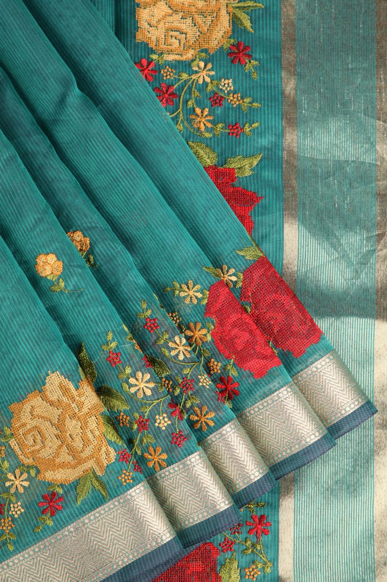 Teal Blue Manipuri Cotton Sarees with Silver Zari Floral Puttas view 1