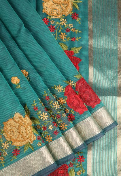 Teal Blue Manipuri Cotton Sarees with Silver Zari Floral Puttas