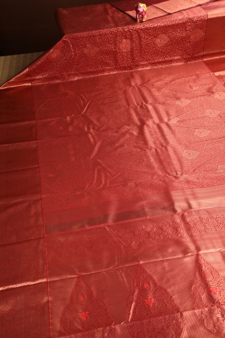 Cherry Red Apoorva Silk Sarees Copper Zari with Floral Patterns view 2