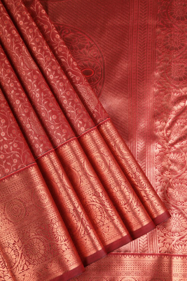 Cherry Red Apoorva Silk Sarees Copper Zari with Floral Patterns view 1