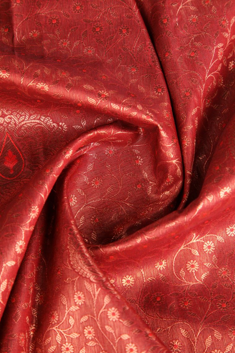 Cherry Red Apoorva Silk Sarees Copper Zari with Floral Patterns view 4
