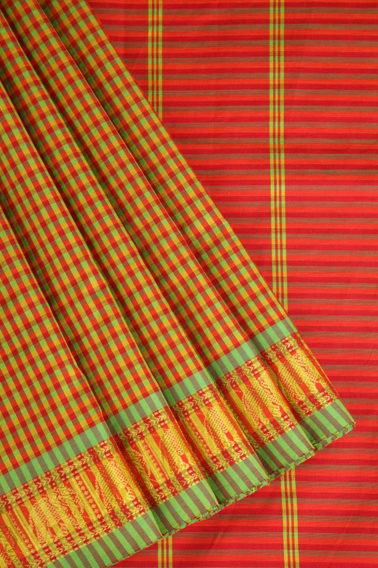 Lime Yellow Poly Cotton Sarees Gold Zari with Checks